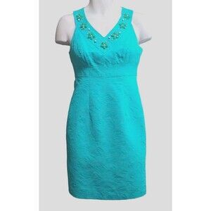 Kelly & Diane Dress Women's 4 Aqua Green Jeweled Trim Brocade Sleeveless Sheath